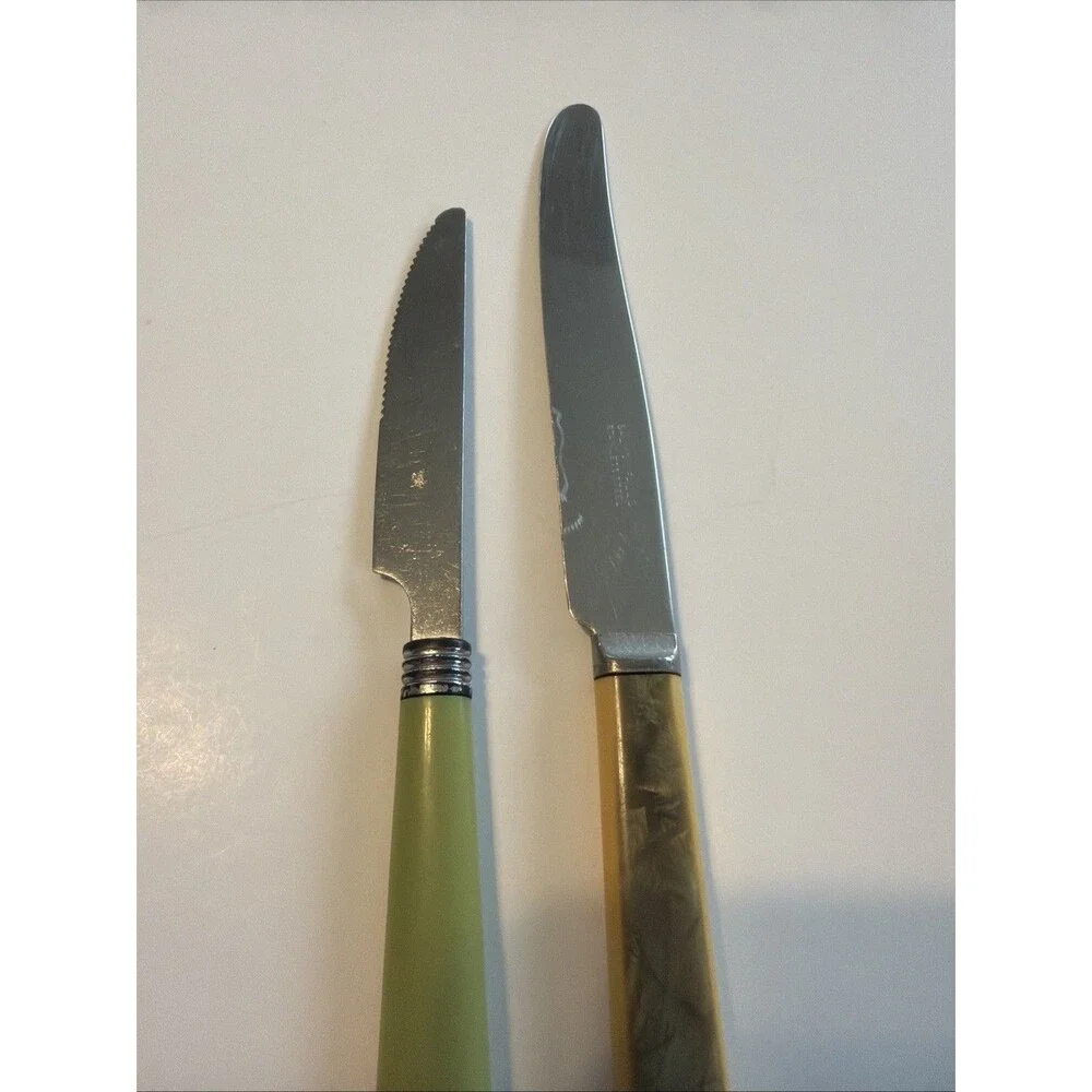 Vintage Butter Knives MCM Jade Green And Green Marble W Yellow Stainless Steel